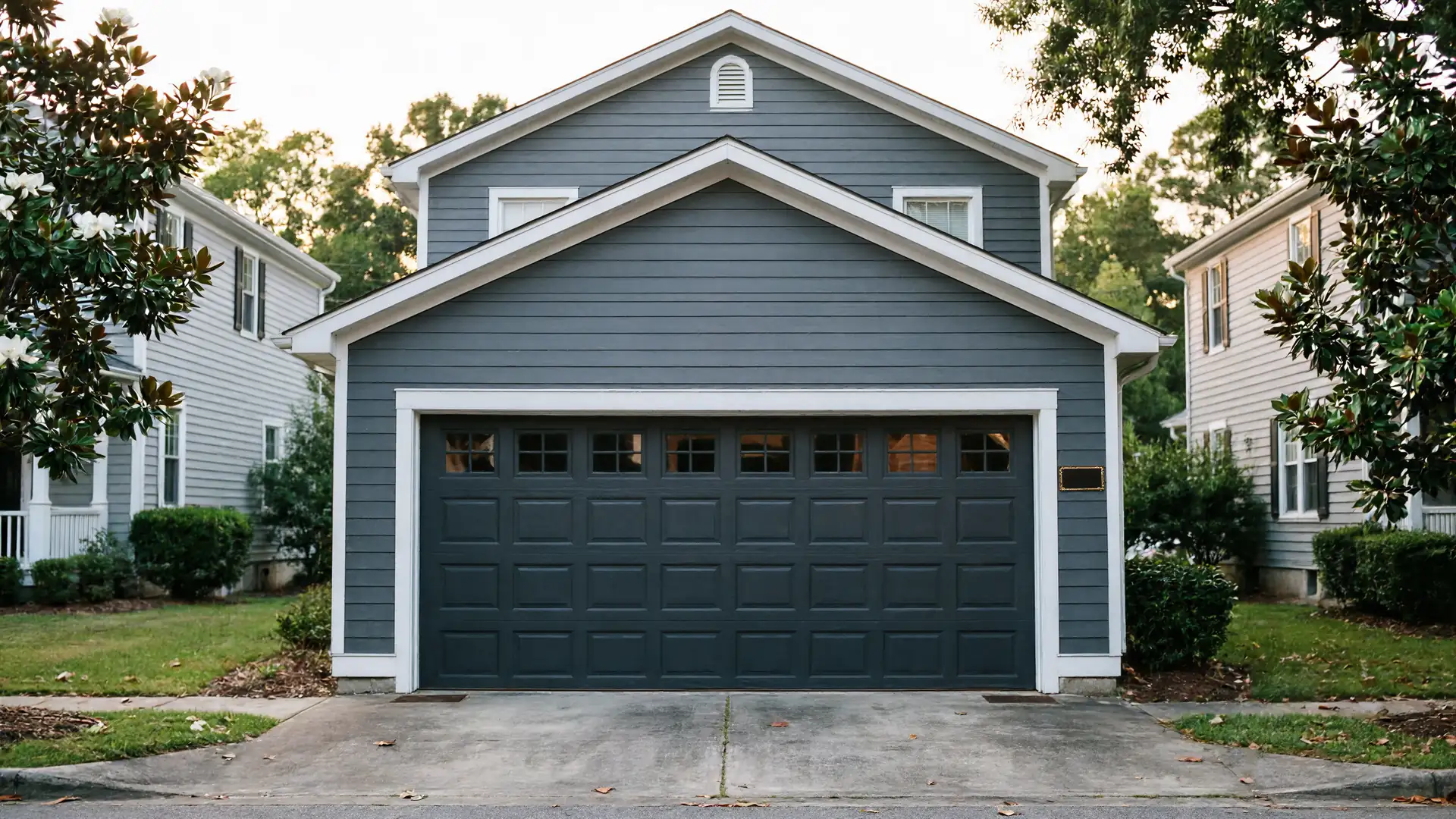 The house has gray siding and a dark gray garage door with windows.