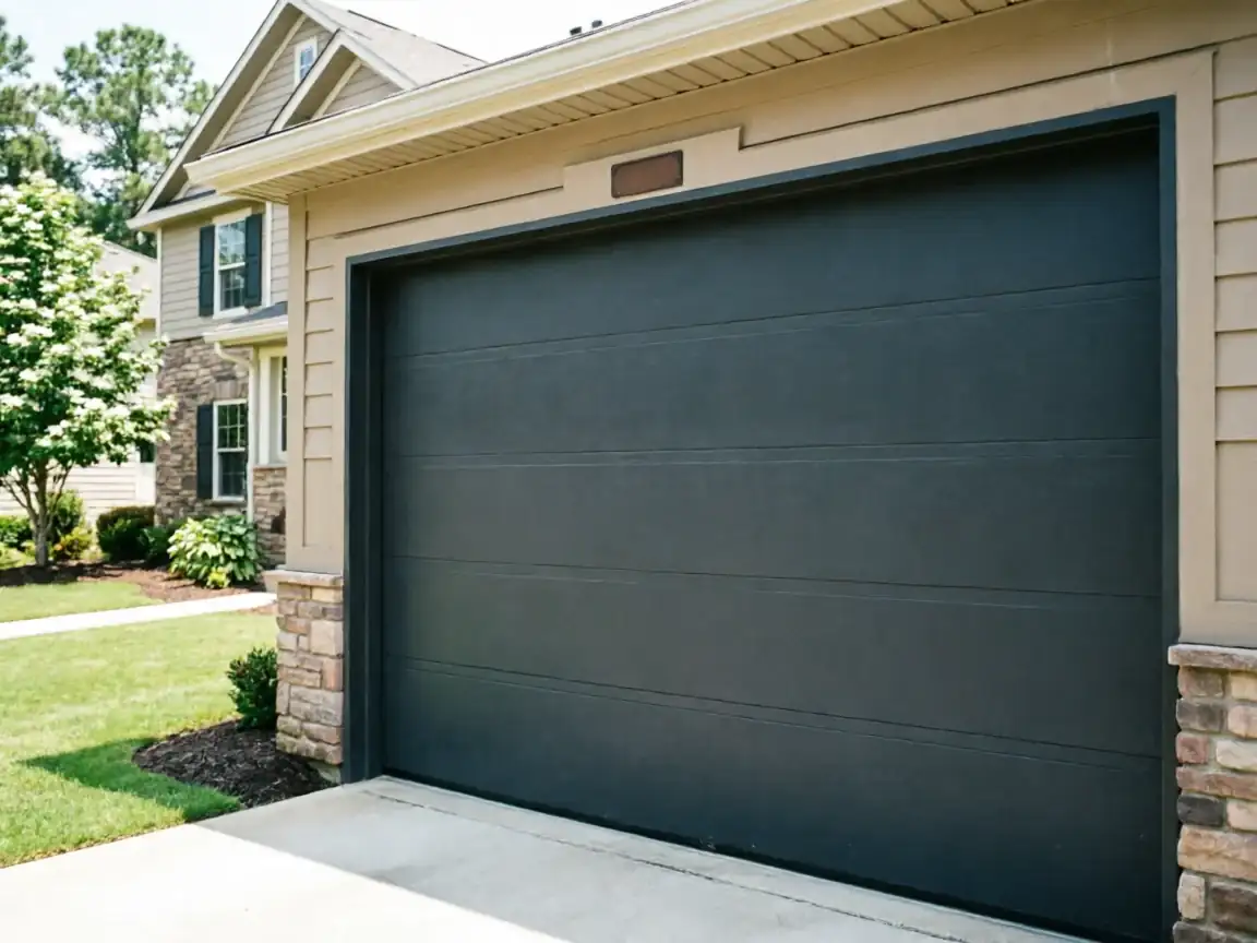 The dark gray garage door is closed on a tan house with stone accents.