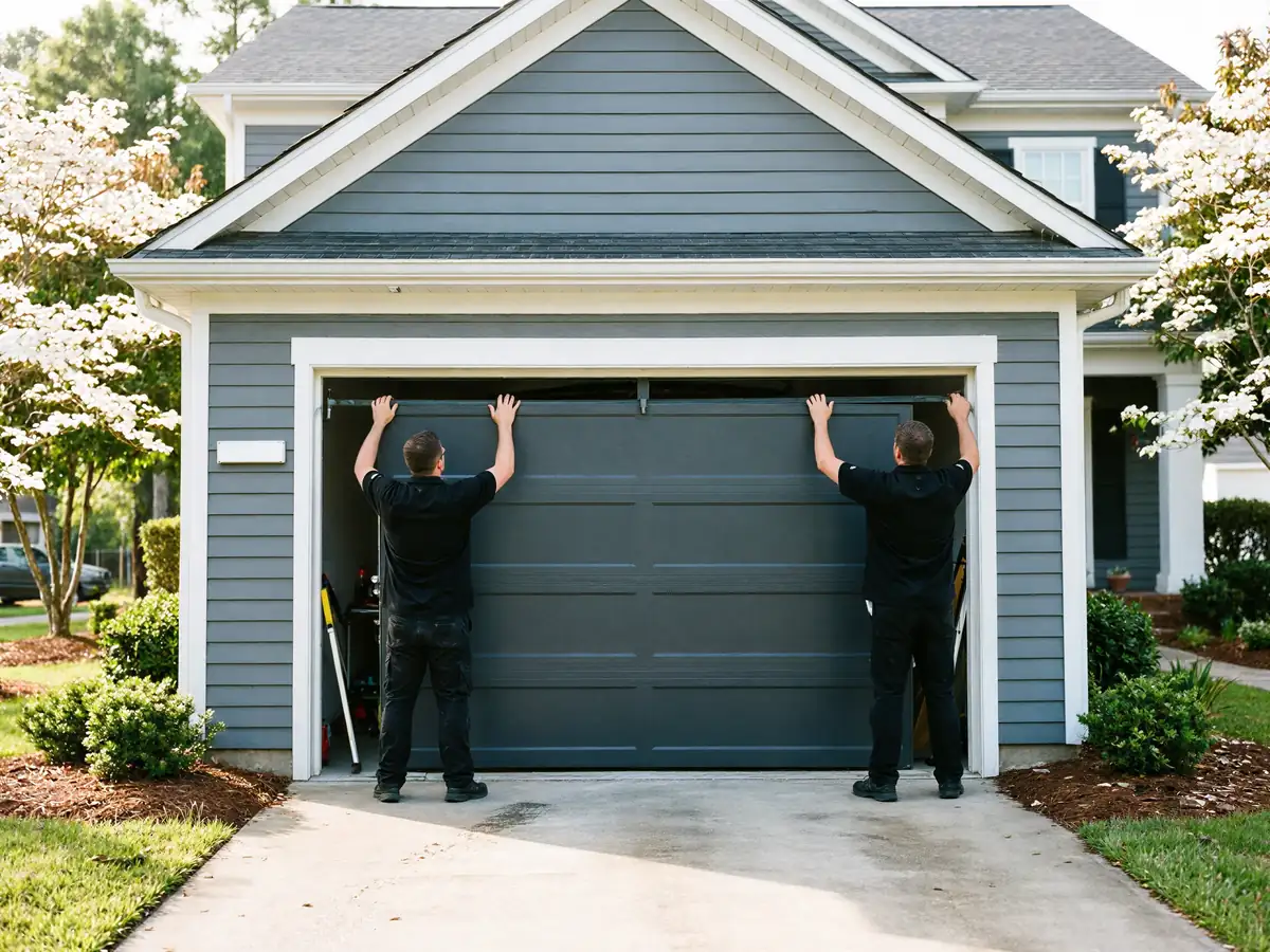 Two technicians install a dark gray garage door on a gray house.